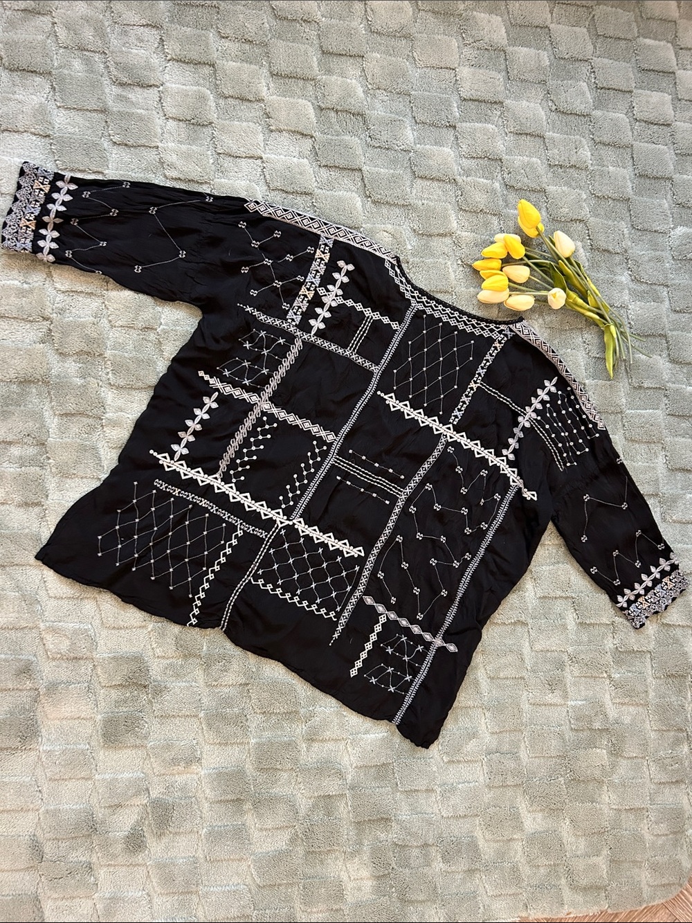 Johnny Was Black Blouse with Pink Floral Embroidery - Picture 8 of 10